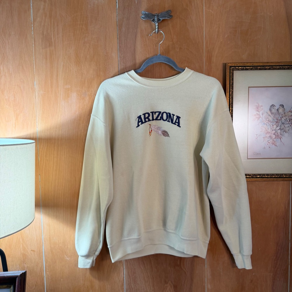 Vintage Arizona Embroidered Feather Crewneck Sweatshirt Cream Yellow Womens XL